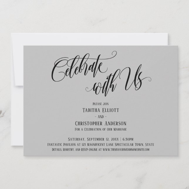 Celebrate with Us Elaborate Script Light Grey Invitation (Front)