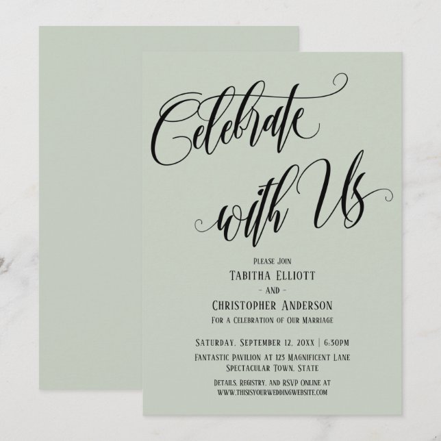 Celebrate with Us Elaborate Script Pale Sage Green Invitation (Front/Back)