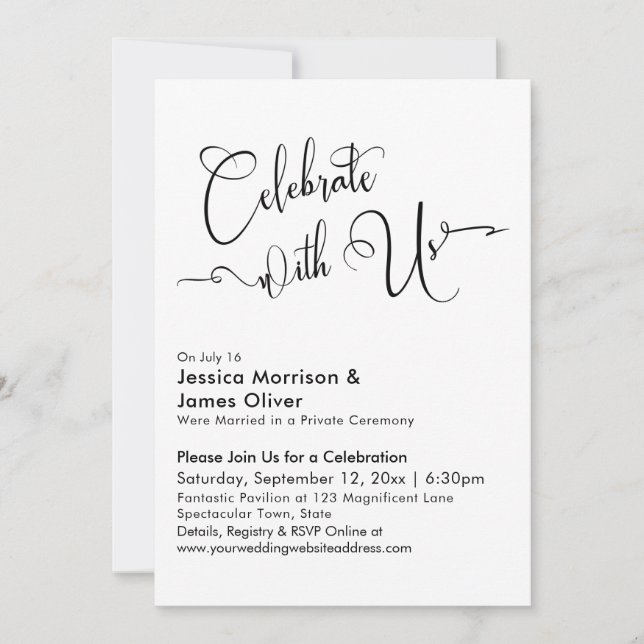 Celebrate with Us Elegant Calligraphy Black White Invitation (Front)