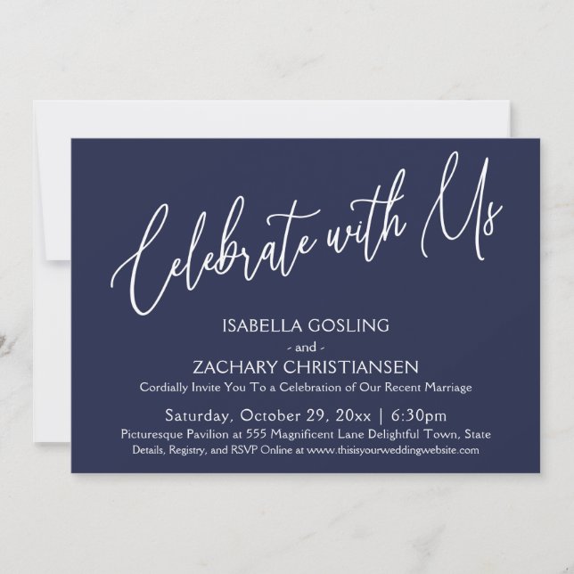 Celebrate with Us Elegant Handwriting Navy Blue Invitation (Front)
