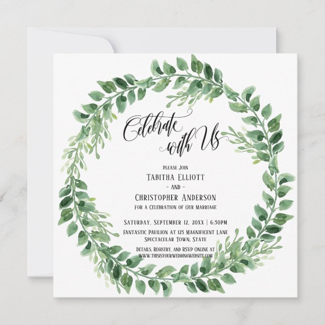 Celebrate with Us Green Wreath Reception-Only Invitation (Front)