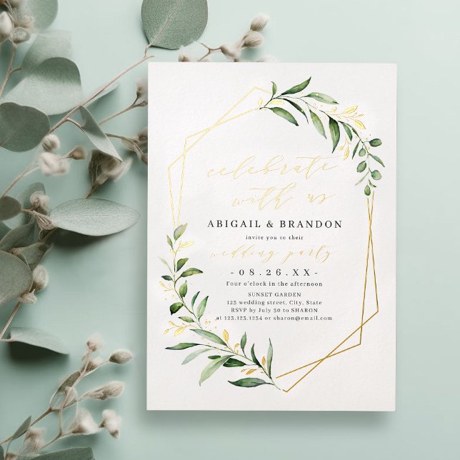 Celebrate With Us Greenery Geometric Wedding Party (Celebrate With Us Greenery Geometric Wedding Party Foil Invitation)