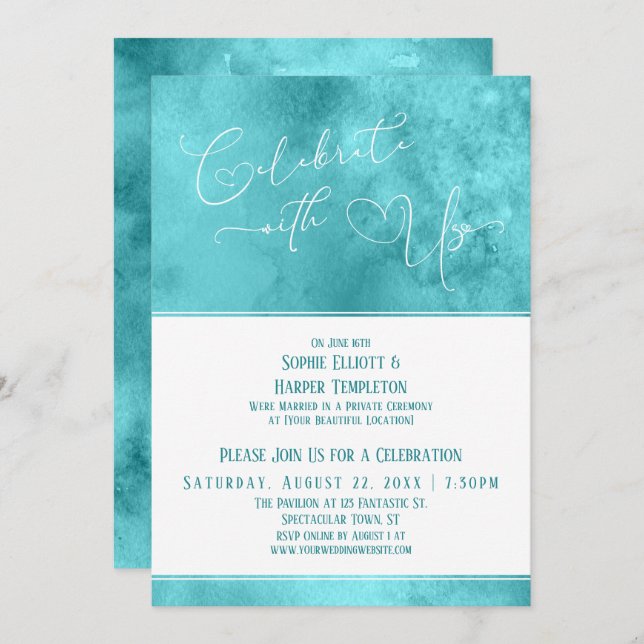 Celebrate with Us Hearts and Teal Reception Only Invitation (Front/Back)