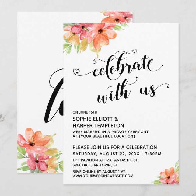 Celebrate with Us Hearts Script Florals Blush Pink Invitation (Front/Back)