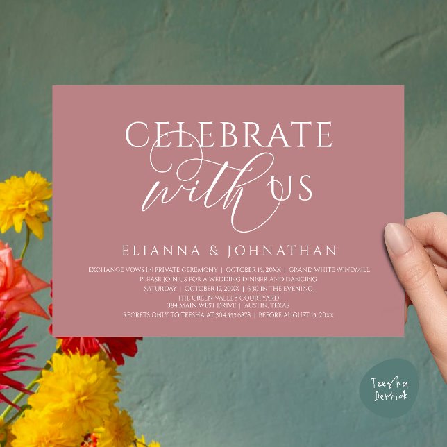 Celebrate with us, Modern Elegant Wedding Dinner Invitation (Celebrate with us, Modern Elegant Wedding Dinner Lunch Brunch Invitation Card in Dusty Rose Pink)