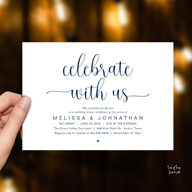 Celebrate With Us Modern Minimalist Wedding Dinner Invitation (Celebrate With Us, Modern Minimalist Wedding Reception Dinner Party Invites Card Navy Blue)