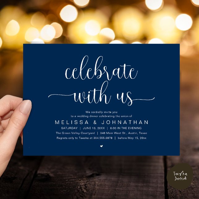 Celebrate With Us Modern Minimalist Wedding Dinner Invitation (Celebrate With Us, Modern Minimalist Wedding Reception Dinner Party Invites Card Navy Blue)