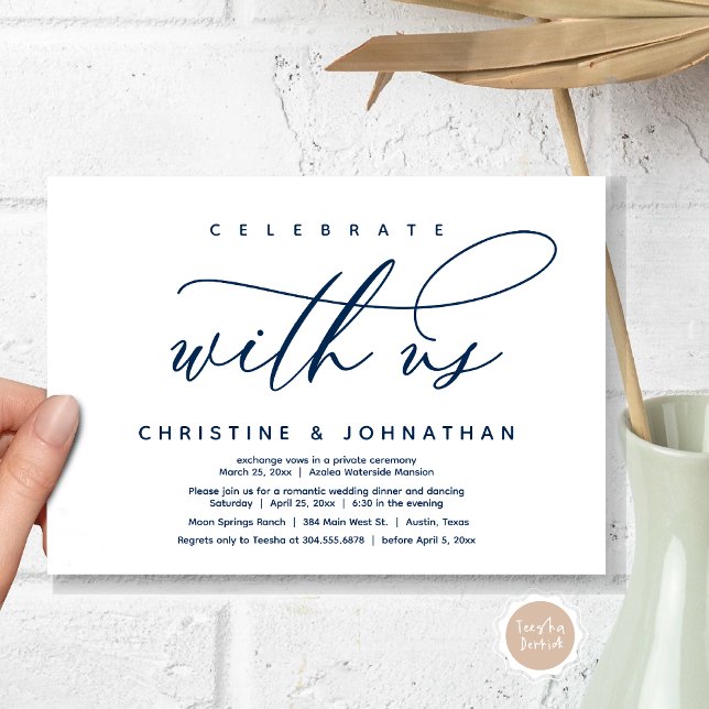 Celebrate with us, Modern Wedding Elopement Dinner Invitation (Celebrate with us, Modern Wedding Elopement Dinner Invitation Card, PDF, Modern Romantic Navy Blue)