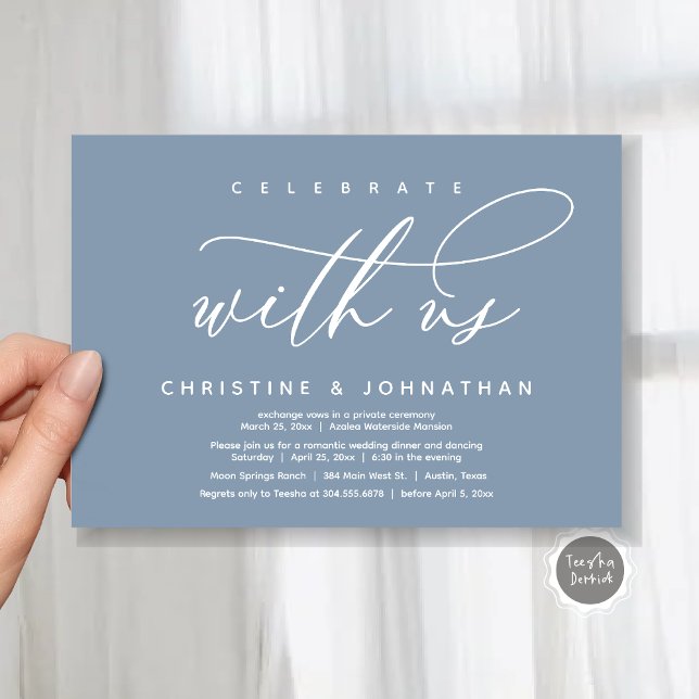 Celebrate with us, Modern Wedding Elopement Dinner Invitation (Celebrate with us, Modern Wedding Elopement Dinner Invitation Card, PDF, Modern Romantic Dusty Blue)