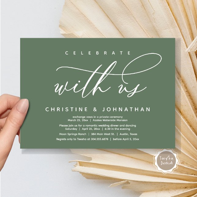 Celebrate with us, Modern Wedding Elopement Dinner Invitation (Celebrate with us, Modern Wedding Elopement Dinner Invitation Card, PDF, Modern Romantic Sage Green)