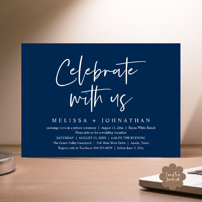 Celebrate with us Modern Wedding Reception Invitation (Celebrate with us Modern Casual Wedding Reception Dinner Lunch Brunch Invites Card PDF Navy Blue)