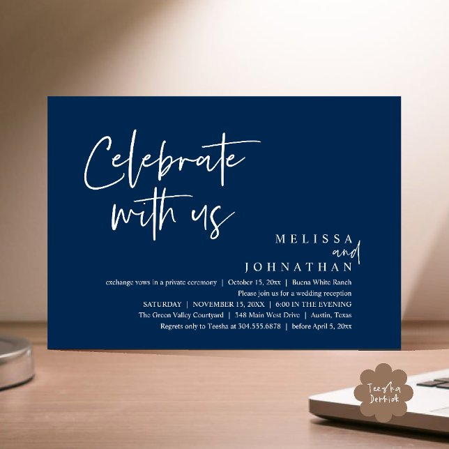 Celebrate with us Modern Wedding Reception Invitation (Celebrate with us Modern Casual Wedding Reception Dinner Lunch Brunch Invites Card PDF Navy Blue)