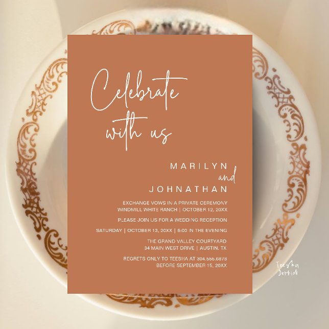 Celebrate with us, Modern Wedding Reception Party Invitation (Celebrate with us, Modern Wedding Reception Dinner Party Invitation Card in Copper Brown Terracotta)