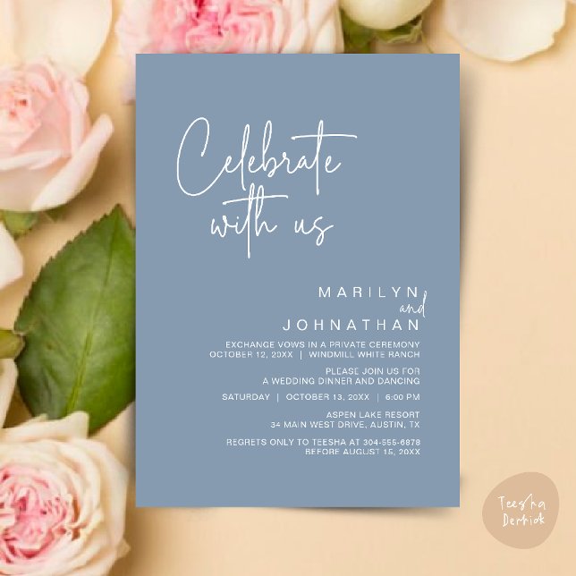 Celebrate with us, Modern Wedding Reception Party Invitation (Celebrate with us, Post Wedding Elopement Party Dinner Brunch Lunch Invitation Card PDF Dusty Blue)