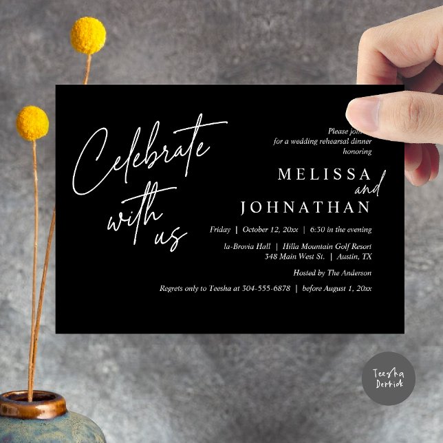 Celebrate with us, Modern Wedding Rehearsal Dinner Invitation (Celebrate with us, Modern Wedding Rehearsal Dinner Invitation Card, PDF, in Classy Black)