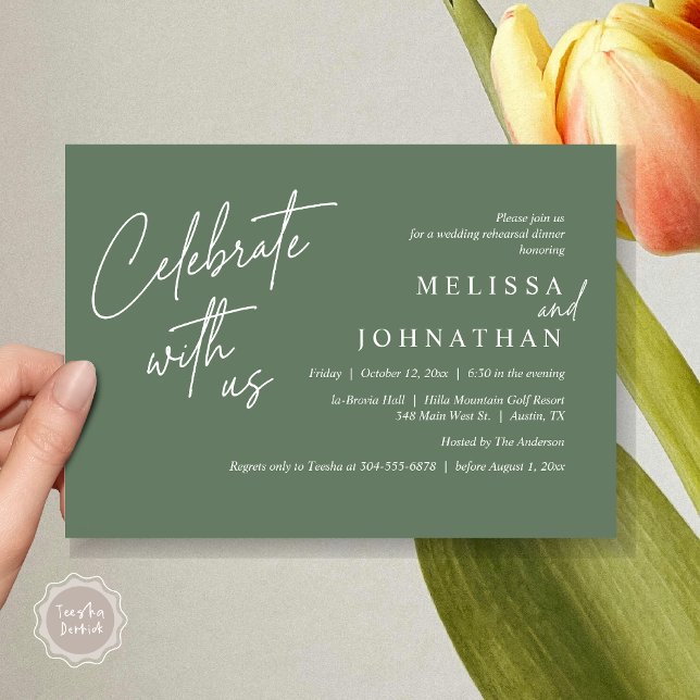 Celebrate with us, Modern Wedding Rehearsal Dinner Invitation (Celebrate with us, Modern Wedding Rehearsal Dinner Invitation Card, PDF, in Forest Sage Green)