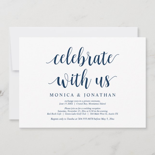 Celebrate with us, Navy Blue, Wedding Elopement Invitation (Front)