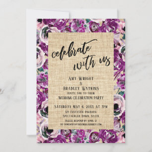 Celebrate with Us Pink Painted Flowers Burlap Invitation