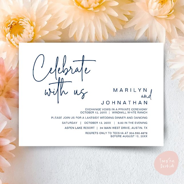 Celebrate with us, Post Wedding Elopement Party Invitation (Celebrate with us, Post Wedding Elopement Party Dinner Brunch Lunch Invitation Card PDF Navy Blue)