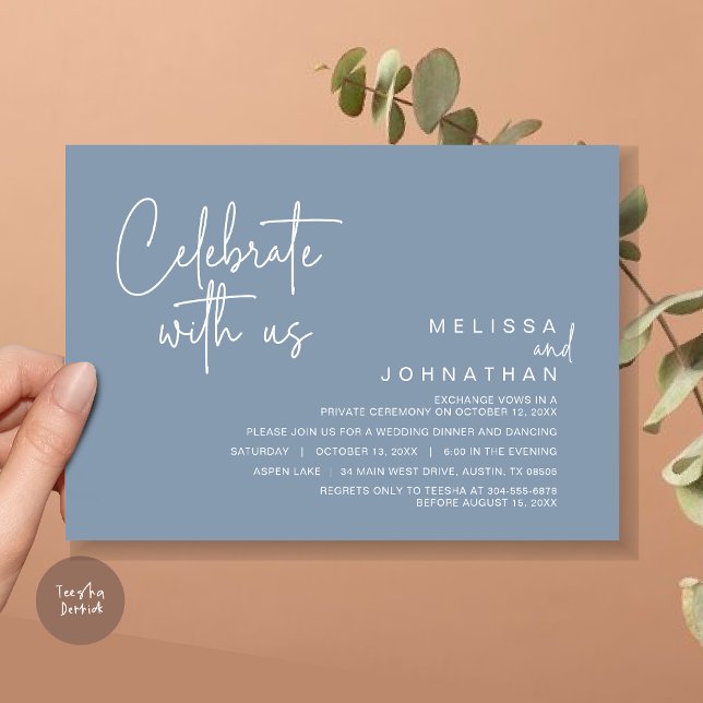 Celebrate with us, Post Wedding Elopement Party Invitation (Celebrate with us, Post Wedding Elopement Dinner Party Invitation Card, PDF, in Dusty Blue)