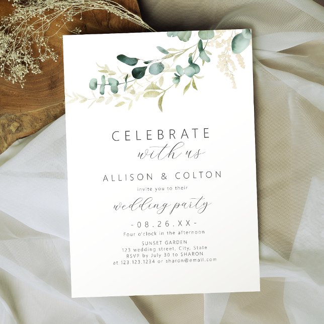 Celebrate With Us! rustic eucalyptus greenery boho Invitation (Creator Uploaded)