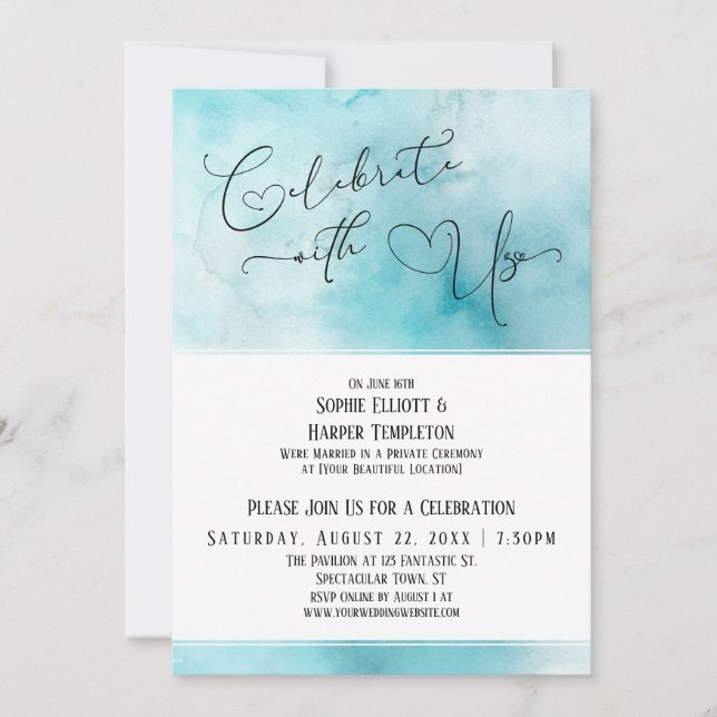 Celebrate with Us Teal White Watercolor Reception Invitation (Front)