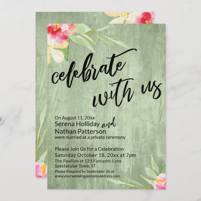 Celebrate with Us Watercolor Flowers & Green Wood Invitation (Front/Back)
