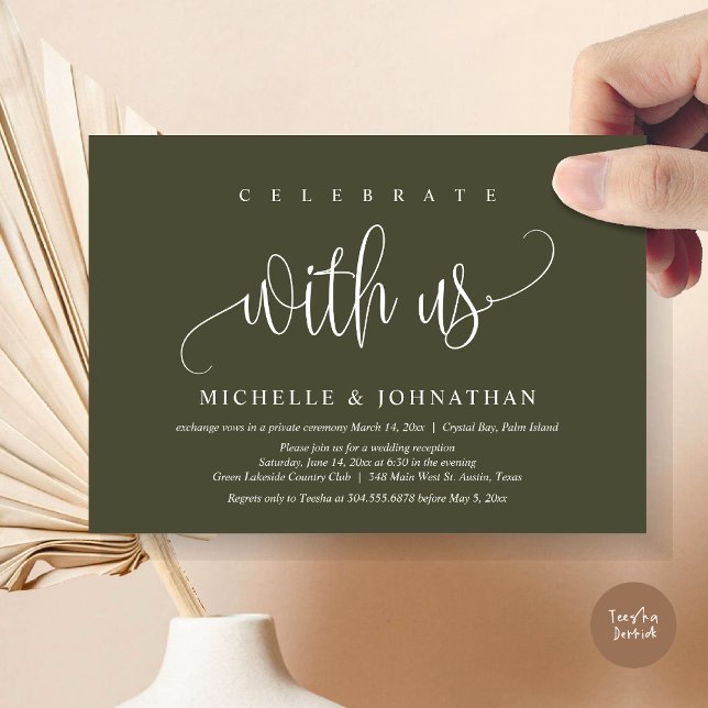 Celebrate With Us, Wedding Elopement Celebration Invitation (Celebrate with us, Modern Wedding Elopement Dinner Party Invitation Card, PDF, in olive green)