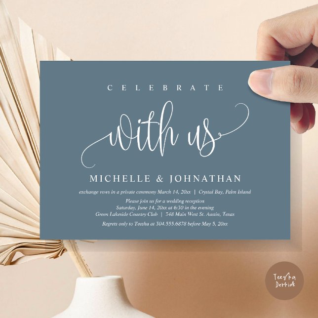 Celebrate With Us, Wedding Elopement Celebration Invitation (Celebrate with us, Modern Wedding Elopement Dinner Party Invitation Card, PDF, in Dusty Blue)