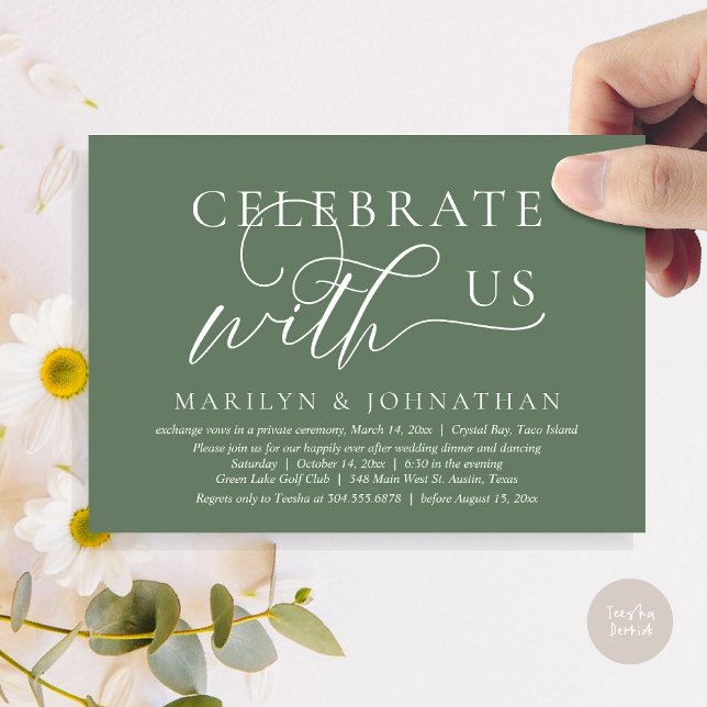 Celebrate with us Wedding Elopement Dinner Dancing Invitation (Celebrate with us Wedding Elopement Dinner Dancing Invitation Card, PDF, Forest Sage Green)