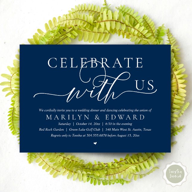 Celebrate with us, Wedding Elopement Dinner Invitation (Celebrate with us, Modern Romantic Wedding Elopement Dinner Invitation Card, PDF, in Navy Blue)