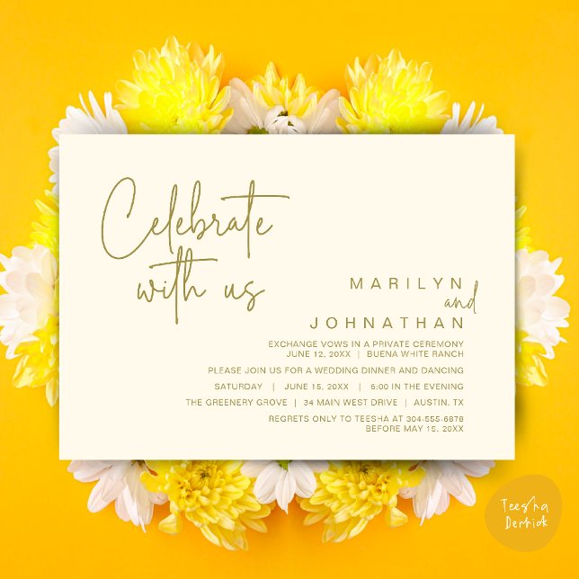 Celebrate with us, Wedding Elopement Dinner Party Invitation (Celebrate with us, Modern Wedding Elopement Dinner Lunch Brunch Party Invites Card PDF Yellow Gold)