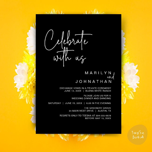 Celebrate with us, Wedding Elopement Dinner Party Invitation (Celebrate with us, Modern Wedding Elopement Dinner Lunch Brunch Party Invites Card PDF Classy Black)