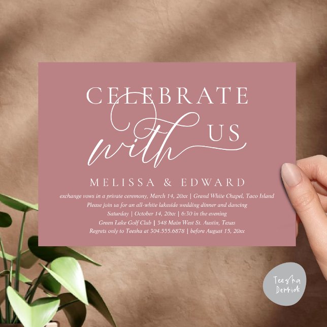 Celebrate with us, Wedding Elopement Dinner Party Invitation (Celebrate with us, Wedding Elopement Dinner Party Lunch Brunch Invitation Card PDF Dusty Rose Pink)