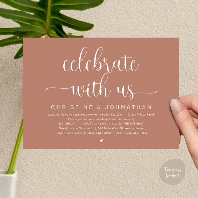 Celebrate with us, Wedding Elopement Dinner Party Invitation (Celebrate with us, Wedding Elopement Dinner Party Dancing Invites Card, pdf, terracotta earthy brown)