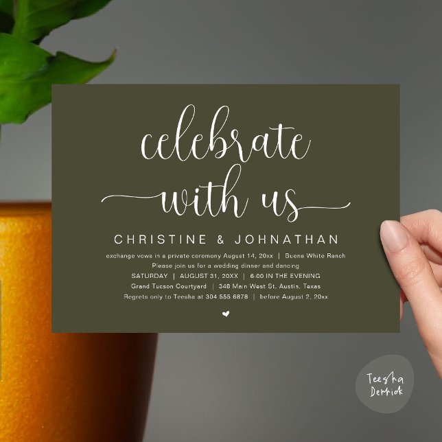 Celebrate with us, Wedding Elopement Dinner Party Invitation (Celebrate with us, Wedding Elopement Dinner Party Dancing Invites Card, pdf, classy olive green)