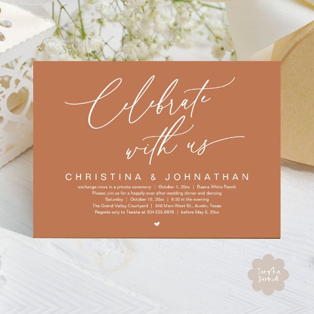 Celebrate With Us Wedding Elopement Dinner Party  Invitation (Celebrate With Us Romantic Wedding Elopement Dinner Brunch Lunch Party Invites Card PDF Copper Brown)