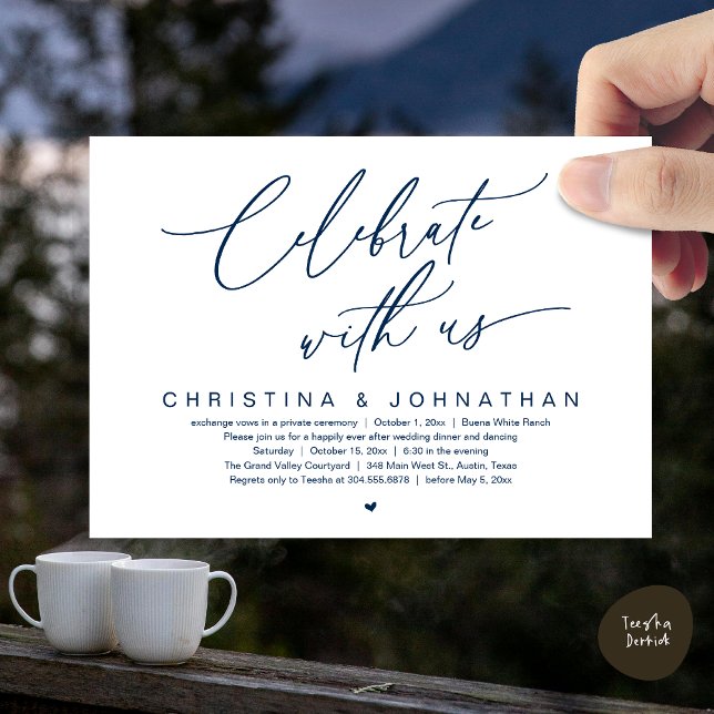 Celebrate With Us Wedding Elopement Dinner Party  Invitation (Celebrate With Us Romantic Wedding Elopement Dinner Brunch Lunch Party Invites Card PDF Navy Blue)