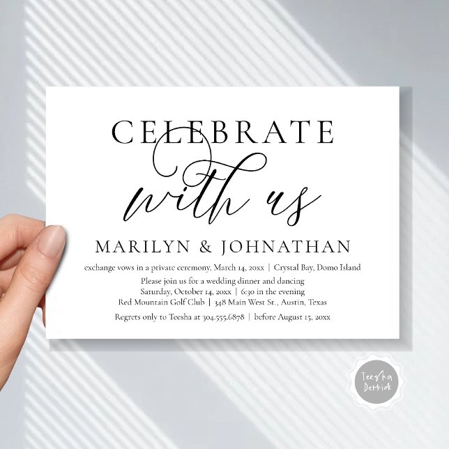 Celebrate with us, Wedding Elopement Dinner Party Invitation (Celebrate with us, Modern Wedding Elopement Dinner Invitation Card, PDF, Modern Romantic Black White)