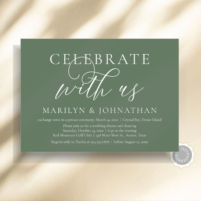 Celebrate with us, Wedding Elopement Dinner Party Invitation (Celebrate with us, Modern Wedding Elopement Dinner Invitation Card, PDF, Modern Romantic Sage Green)