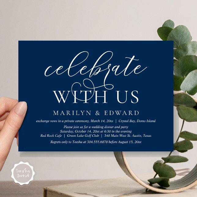 Celebrate with us, Wedding Elopement Party Invitation (Celebrate With Us, Modern Wedding Dinner Invitation Card, PDF, in Navy Blue)