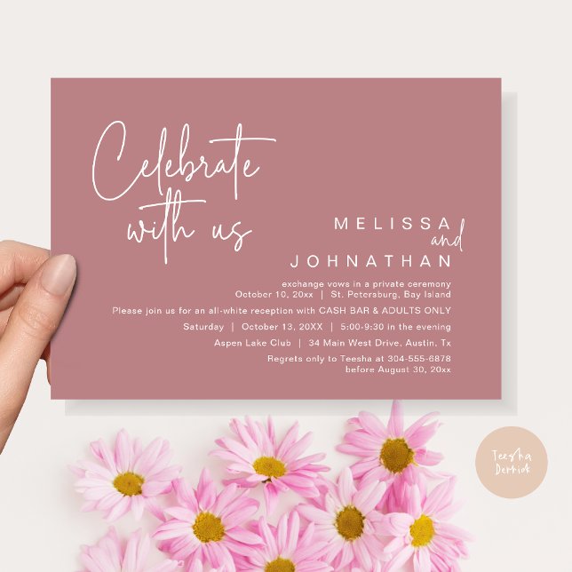 Celebrate with us, Wedding Reception Cash Bar Invitation (Celebrate with us, Wedding Reception Dinner Cash Bar Adults Only Invitation Card PDF in Dusty Rose)