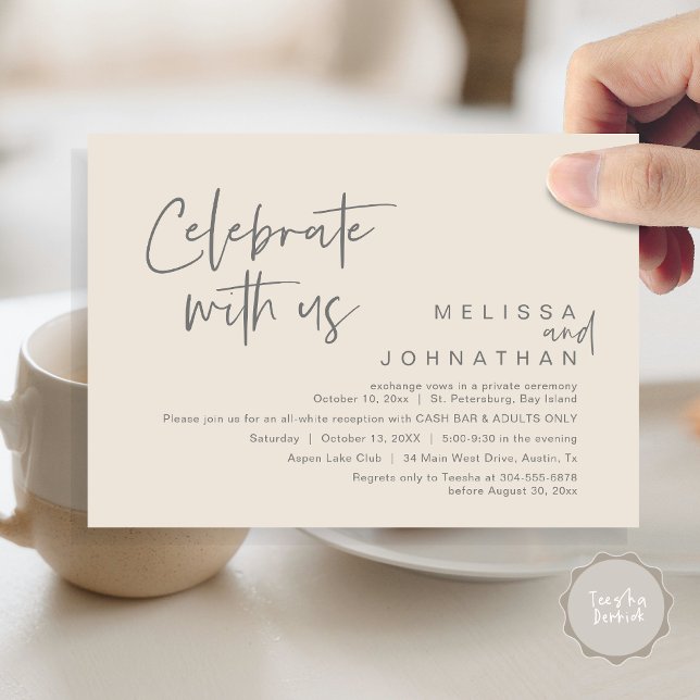 Celebrate with us, Wedding Reception Cash Bar Invitation (Celebrate with us, Wedding Reception Dinner Cash Bar Adults Only Invitation Card PDF in Cream Grey)