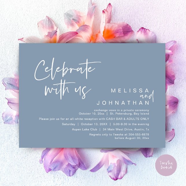 Celebrate with us, Wedding Reception Cash Bar Invitation (Celebrate with us, Wedding Reception Dinner Cash Bar Adults Only Invitation Card PDF in Dusty Blue)