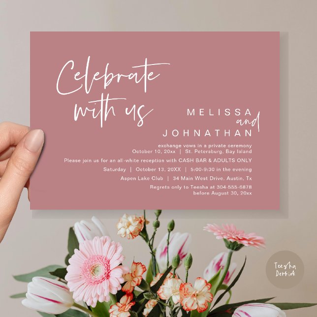 Celebrate with us, Wedding Reception Cash Bar Invitation (Celebrate with us, Wedding Reception Dinner Cash Bar Adults Only Invitation Card PDF in Dusty Rose)