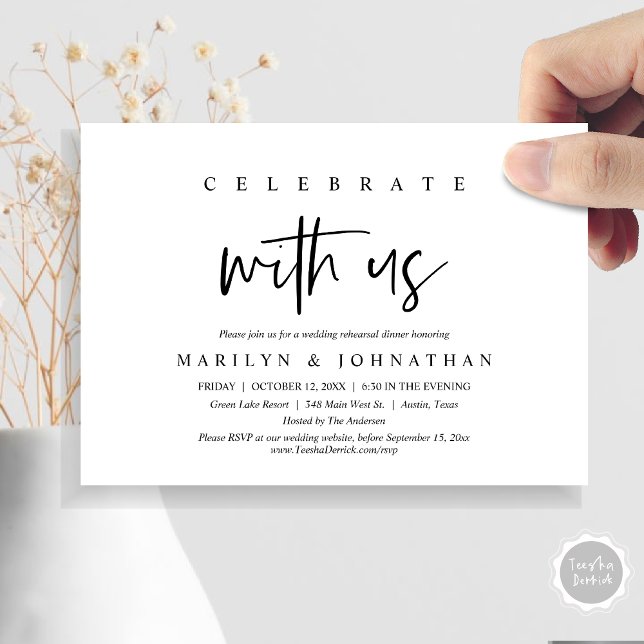Celebrate With Us, Wedding Rehearsal Party Invitation (Celebrate With Us, Wedding Rehearsal Dinner, Lunch Party Invitation Card, PDF, Black and White)