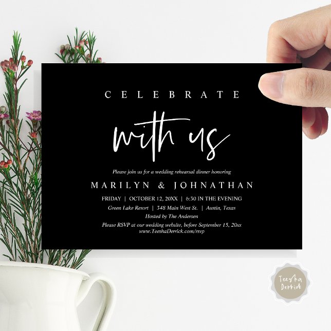 Celebrate With Us, Wedding Rehearsal Party Invitation (Celebrate with us, Wedding Rehearsal Dinner Party Invitation Card, PDF, Modern Casual, Classy Black)