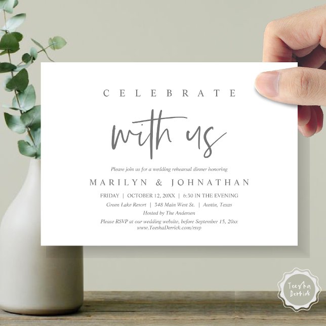 Celebrate With Us, Wedding Rehearsal Party Invitation (Celebrate with us, Wedding Rehearsal Dinner Party Invitation Card, PDF, Modern Casual, Dark Grey)