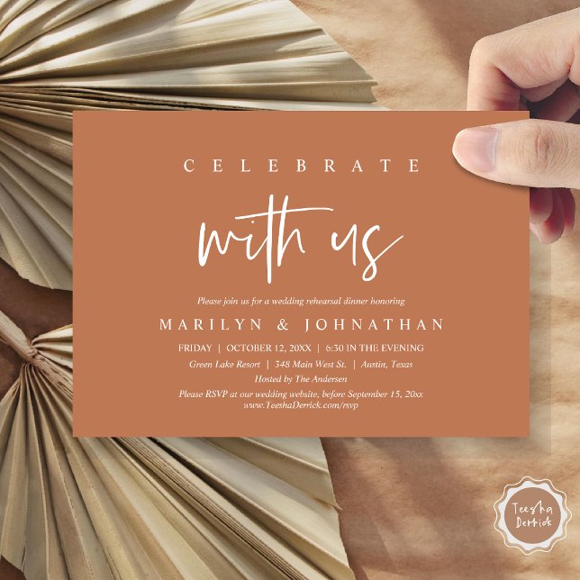 Celebrate With Us, Wedding Rehearsal Party Invitation (Celebrate with us, Wedding Rehearsal Dinner Party Invitation Card, PDF, Modern Casual, Copper Rust)