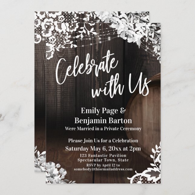 Celebrate with Us Wood Barrel Lace Lights Flowers Invitation (Front/Back)
